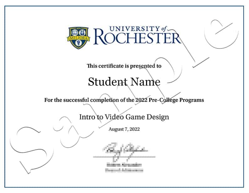 Rochester Pre-College Online Program Sample Certificate